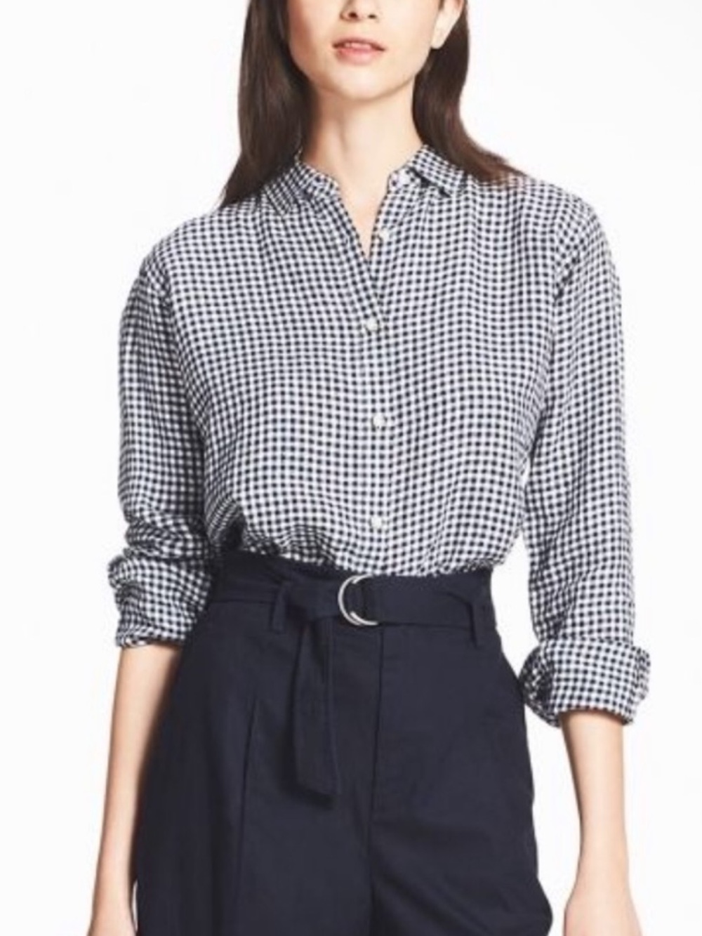 UNIQLO Premium Linen Navy Gingham Shirt Button Down Long Sleeve Collared